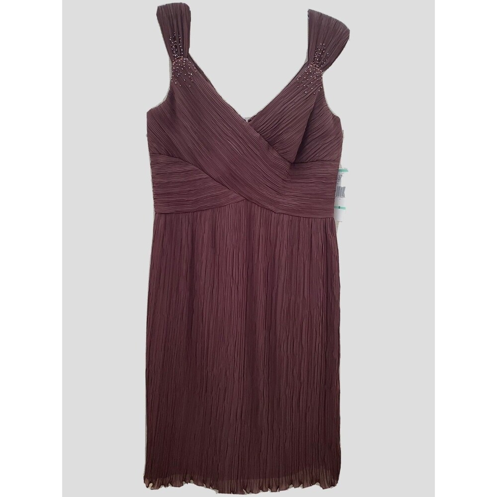 Evan Picone Chocolate Brown Sleeveless V-Neck Bead Accented Crepe Dress Sz 8 NWT